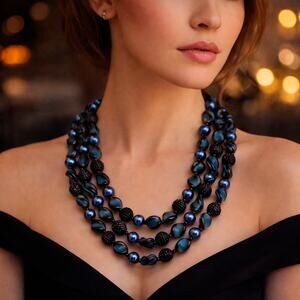 Vintage West German 3 Strand Necklace Textured Blue Black Bead 18" Long -Hey Viv